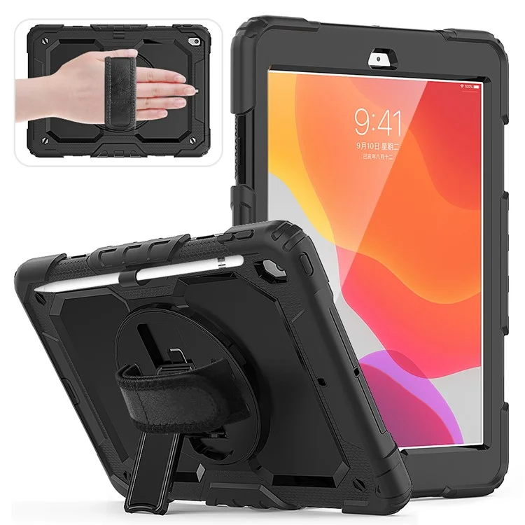 For iPad 10.2 (2020)/(2019) 360° Swivel Kickstand PC + Silicone Tablet Case Hand Strap Protective Cover with Shoulder Strap - All Black