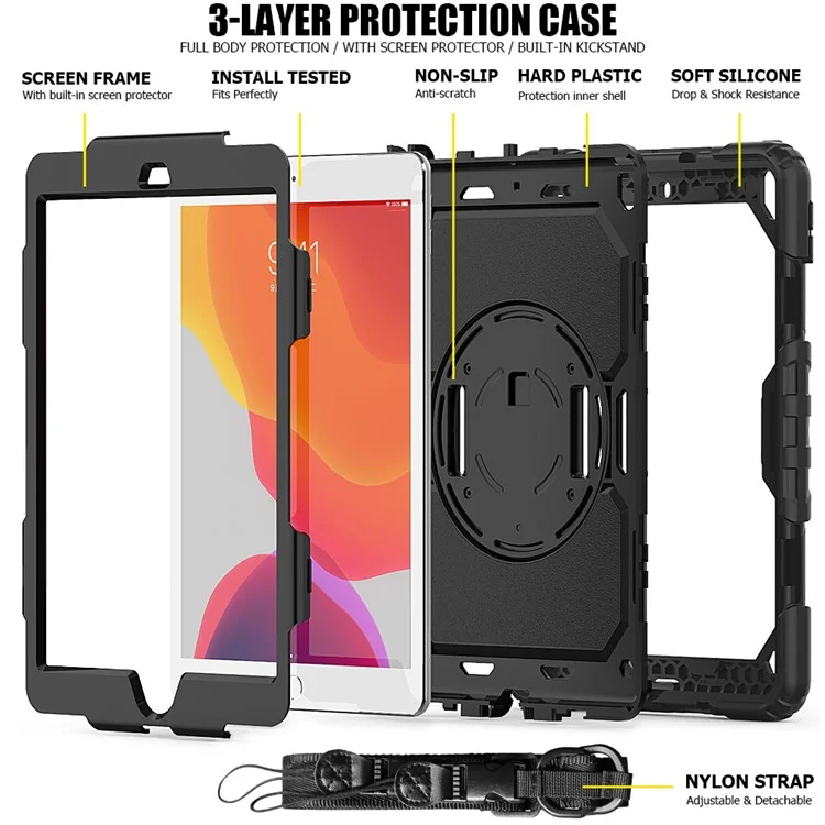 Per iPad 10.2 (2020) / (2019) Custodia Protettiva 360° Ruotabile con Supporto, Cover in PC + Silicone con Cinghia da Polso e Tracolla - Nero Totale