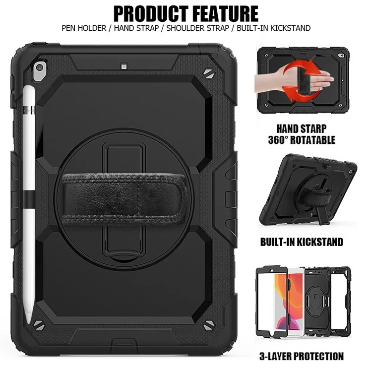 Per iPad 10.2 (2020) / (2019) Custodia Protettiva 360° Ruotabile con Supporto, Cover in PC + Silicone con Cinghia da Polso e Tracolla - Nero Totale