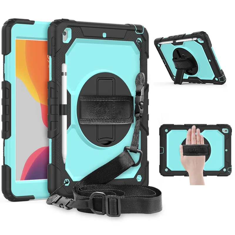 For iPad 10.2 (2020)/(2019) 360° Swivel Kickstand PC + Silicone Tablet Case Hand Strap Protective Cover with Shoulder Strap - Black/Cyan