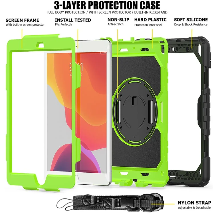 Pour IPad 10.2 (2020) / (2019) 360 ° Swivel Kickstand PC + Tablette Silicone Case À La Main Couvercle De Protection Avec Bandoulière - Vert Noir