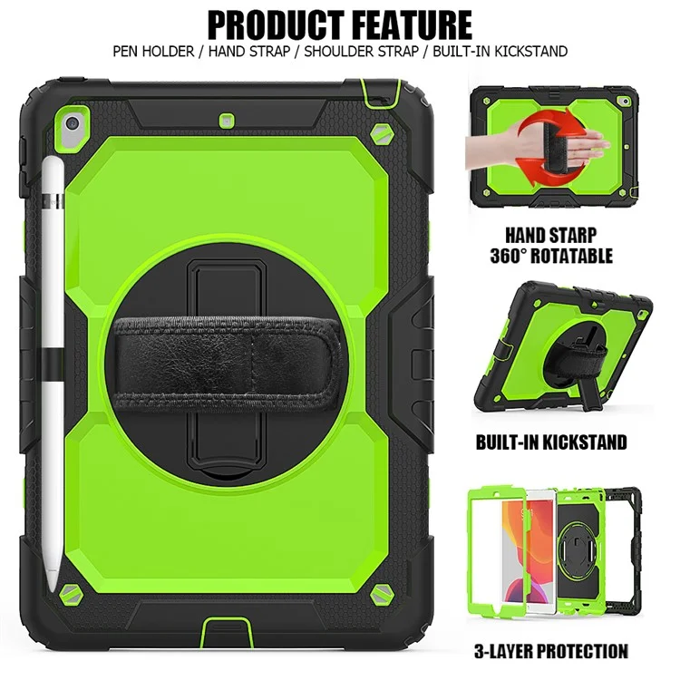 For iPad 10.2 (2020)/(2019) 360° Swivel Kickstand PC + Silicone Tablet Case Hand Strap Protective Cover with Shoulder Strap - Black/Green