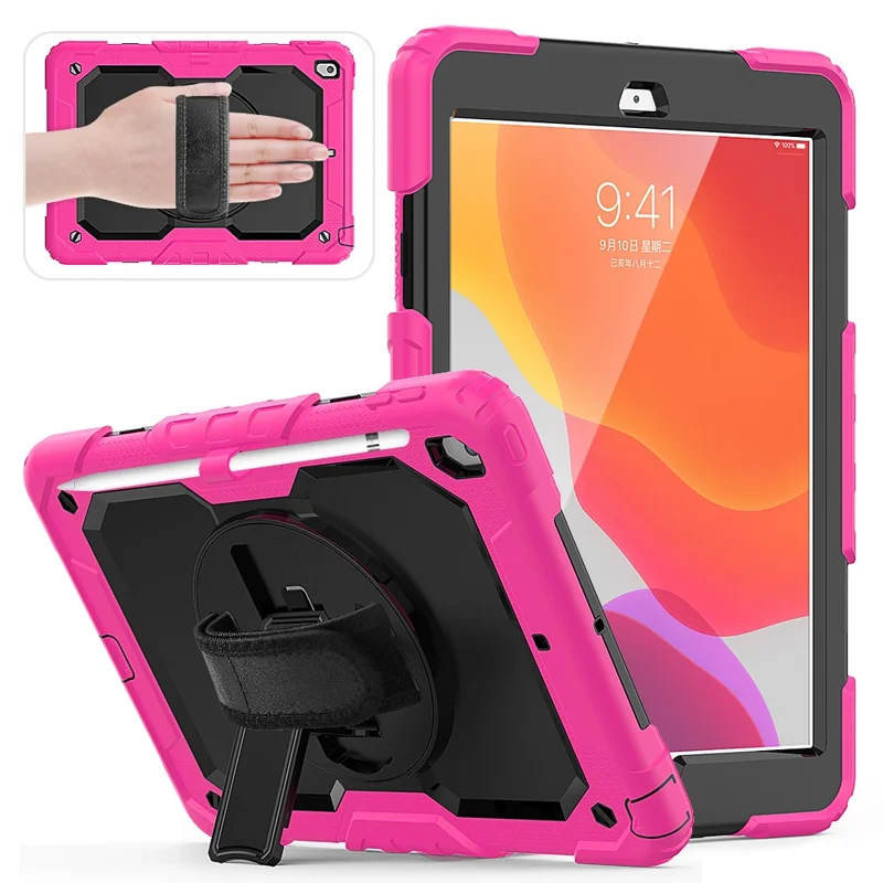 For iPad 10.2 (2020)/(2019) 360° Swivel Kickstand PC + Silicone Tablet Case Hand Strap Protective Cover with Shoulder Strap - Rose/Black