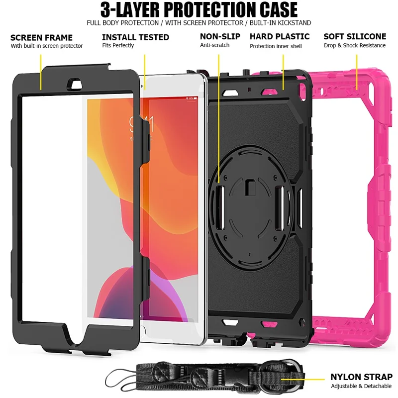 For iPad 10.2 (2020)/(2019) 360° Swivel Kickstand PC + Silicone Tablet Case Hand Strap Protective Cover with Shoulder Strap - Rose/Black