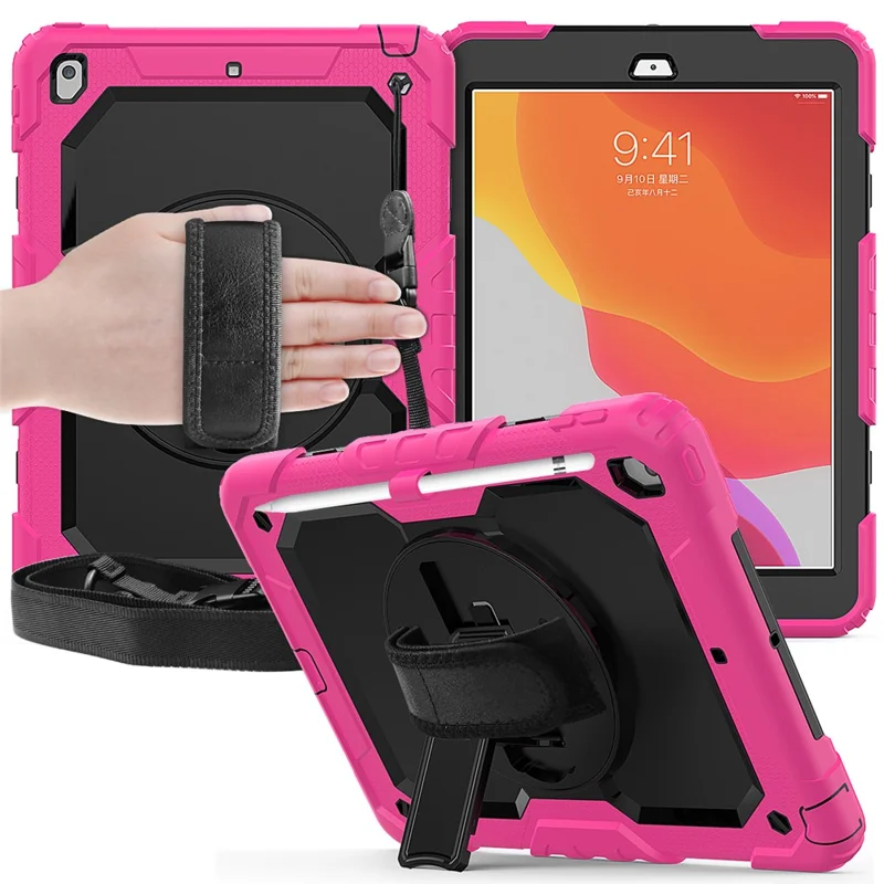 For iPad 10.2 (2020)/(2019) 360° Swivel Kickstand PC + Silicone Tablet Case Hand Strap Protective Cover with Shoulder Strap - Rose/Black