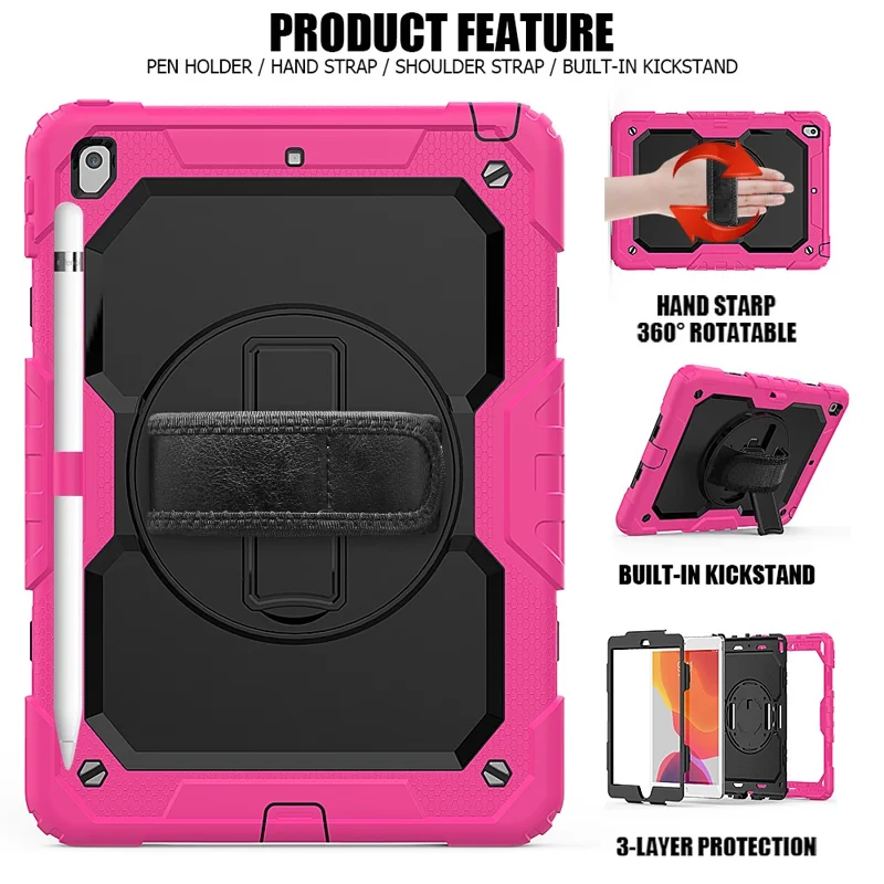 For iPad 10.2 (2020)/(2019) 360° Swivel Kickstand PC + Silicone Tablet Case Hand Strap Protective Cover with Shoulder Strap - Rose/Black