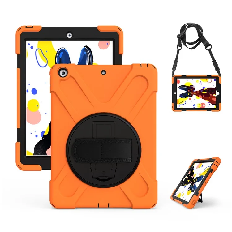 X-Shape PC + TPU Hybrid Case / 360 Degree Swivel Kickstand Shoulder Strap for iPad 10.2 (2021) / (2020) / (2019) - Laranja
