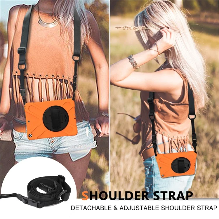 X-Shape PC + TPU Hybrid Case / 360 Degree Swivel Kickstand Shoulder Strap for iPad 10.2 (2021) / (2020) / (2019) - Laranja