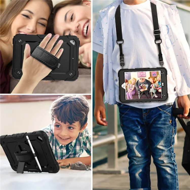 360 ° Strap Strap PC Silicone Kickstand de 360 ​​ombro Com Alça de Ombro + Protetor de Tela Para Ipad Mini (2019) 7,9 Polegadas / Mini 4 - Preto