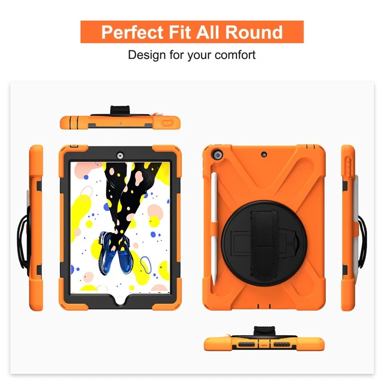 For iPad 10.2 (2021) / (2020) / (2019) 360 Degree Swivel Kickstand PC + Silicone Tablet Case Hand Holder Strap Anti-drop Case with Pen Slot - Orange