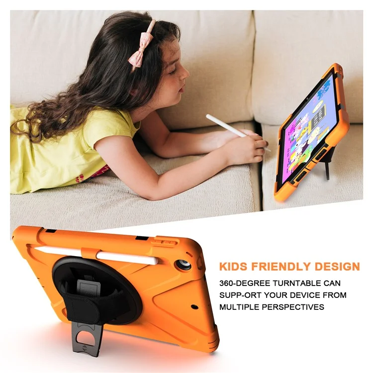 For iPad 10.2 (2021) / (2020) / (2019) 360 Degree Swivel Kickstand PC + Silicone Tablet Case Hand Holder Strap Anti-drop Case with Pen Slot - Orange