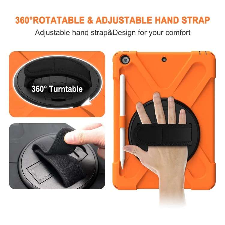 For iPad 10.2 (2021) / (2020) / (2019) 360 Degree Swivel Kickstand PC + Silicone Tablet Case Hand Holder Strap Anti-drop Case with Pen Slot - Orange