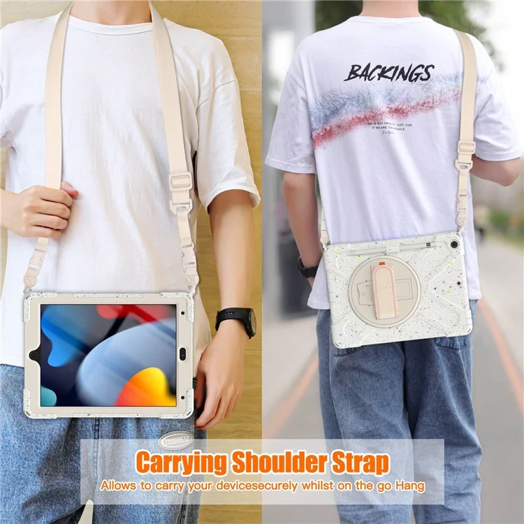 For iPad 10.2 (2021)  /  (2020)  /  (2019) X-Shape PC + Silicone Tablet Case 360 Degree Swivel Kickstand Hand Strap Cover with Shoulder Strap and Pen Slot - Colorful