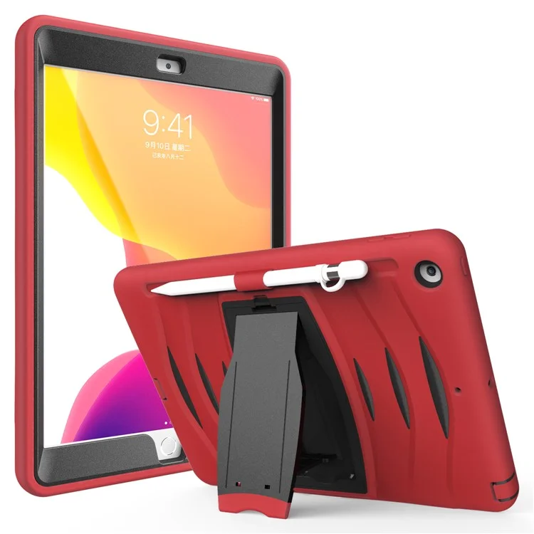 Hard PC + Silicone Skin Tablet Case with Kickstand + Pen Slot for iPad 10.2 (2021)/(2020)/(2019) - Red