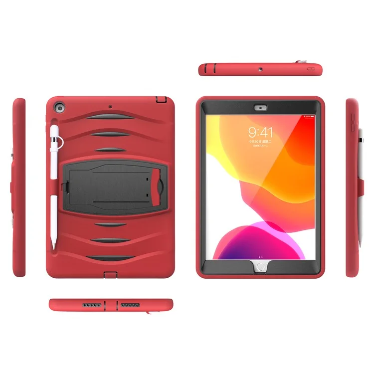 Hard PC + Silicone Skin Tablet Case with Kickstand + Pen Slot for iPad 10.2 (2021)/(2020)/(2019) - Red