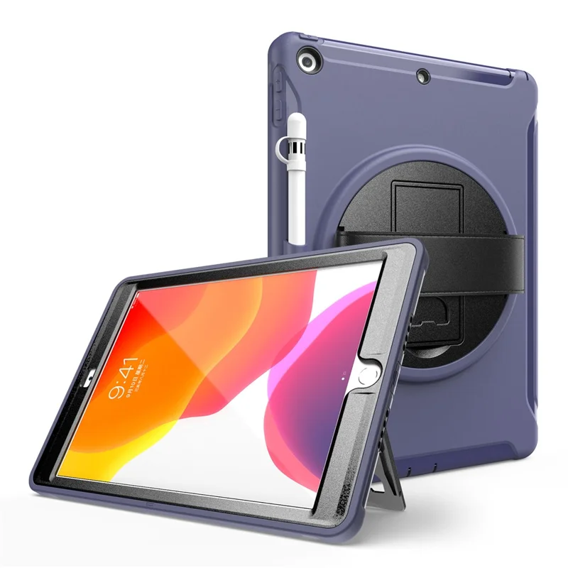 360° Swivel Kickstand PC + TPU Tablet Back Shell with Hand Strap for iPad 10.2 (2021)/(2020)/(2019) - Blue