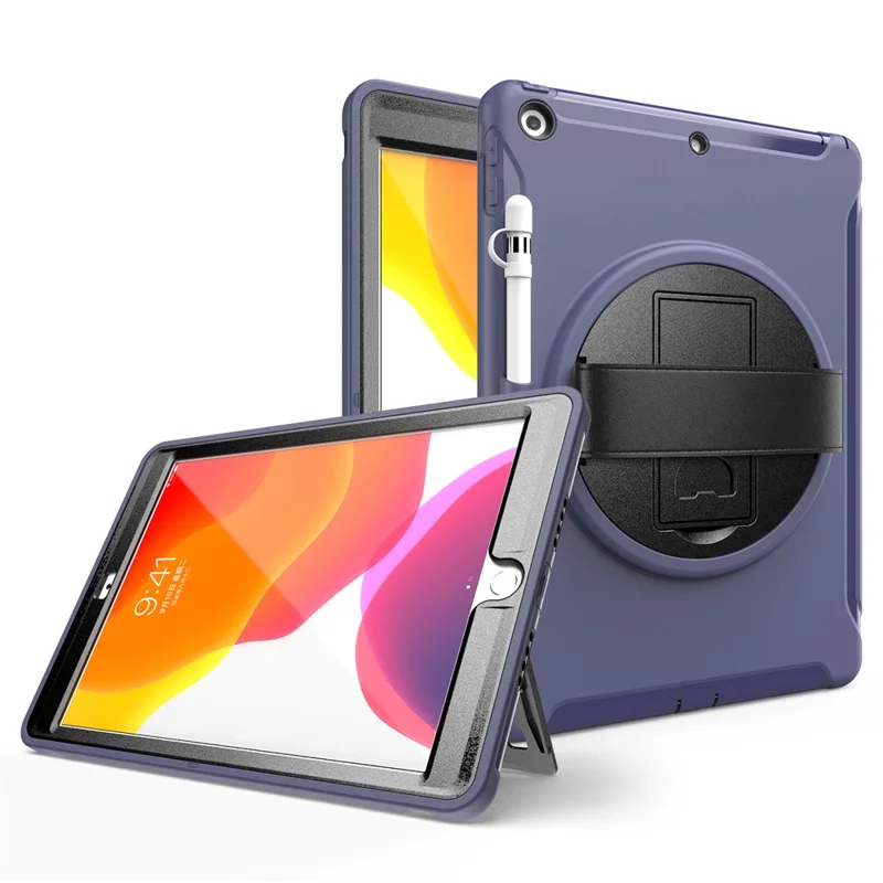 360° Swivel Kickstand PC + TPU Tablet Back Shell with Hand Strap for iPad 10.2 (2021)/(2020)/(2019) - Blue