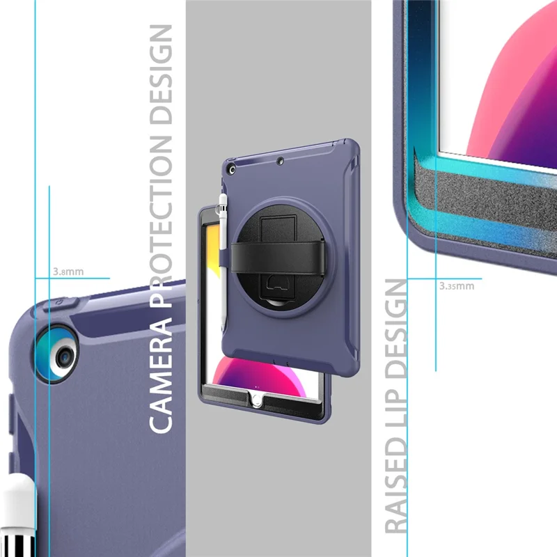 360° Swivel Kickstand PC + TPU Tablet Back Shell with Hand Strap for iPad 10.2 (2021)/(2020)/(2019) - Blue