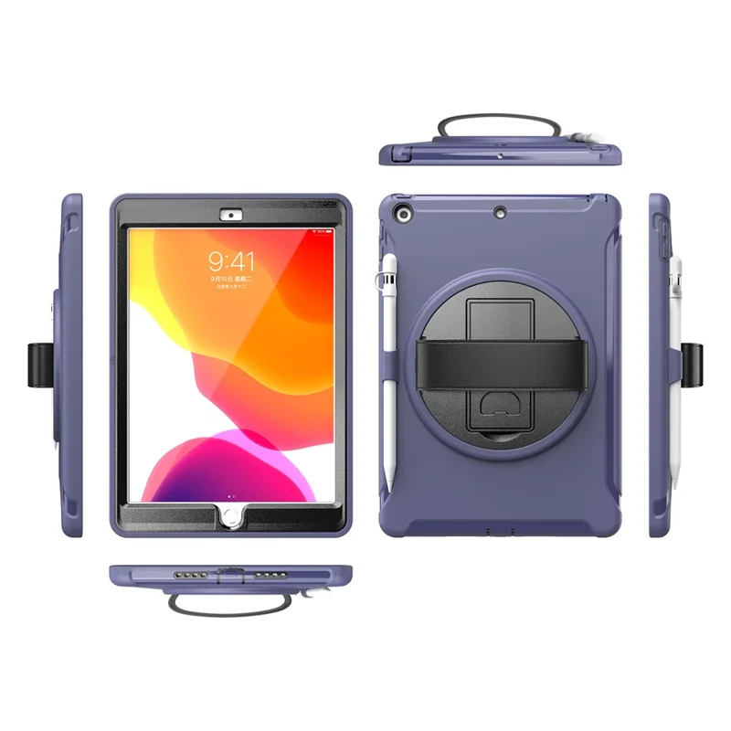 360° Swivel Kickstand PC + TPU Tablet Back Shell with Hand Strap for iPad 10.2 (2021)/(2020)/(2019) - Blue