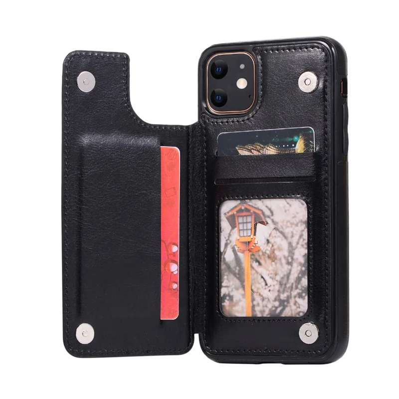 Crazy Horse Leather Coated TPU Phone Case with Card Slots Kickstand Shell for iPhone 11 6.1-inch - Black