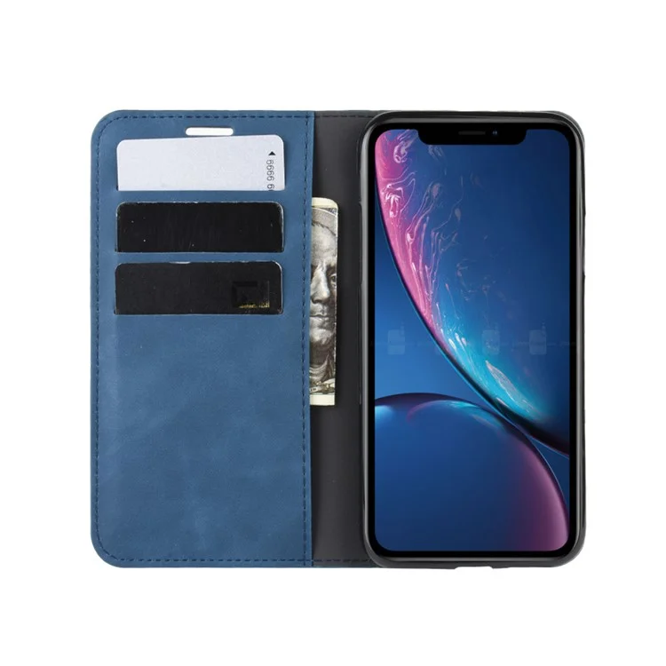 Silky Touch Leather Wallet Stand Cell Phone Case for iPhone XR 6.1 inch - Blue