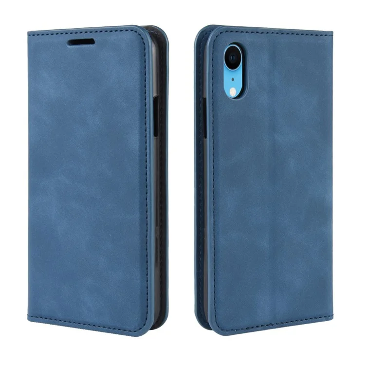 Silky Touch Leather Wallet Stand Cell Phone Case for iPhone XR 6.1 inch - Blue