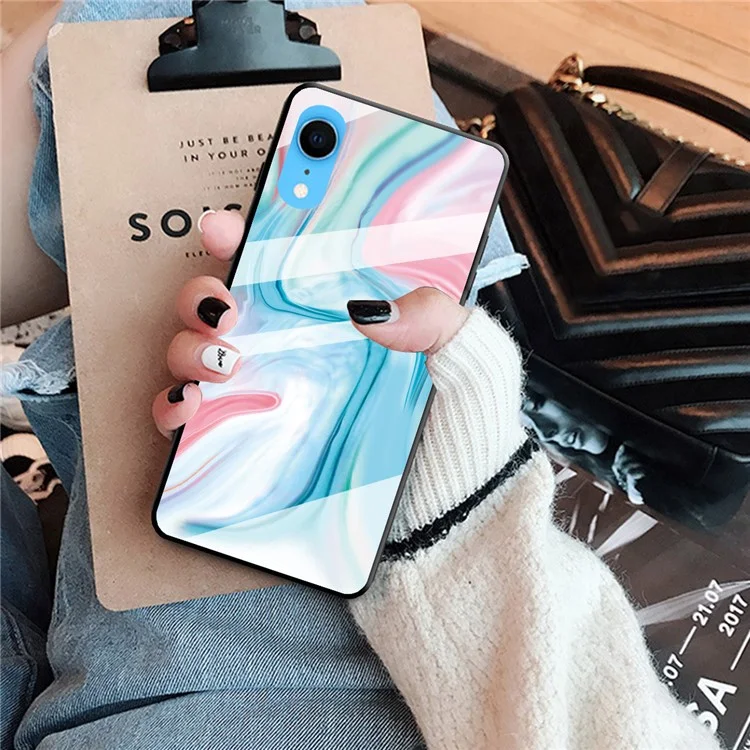 Marble Texture Tempered Glass Back + TPU Hybrid Phone Case for iPhone XR 6.1 inch - Style F