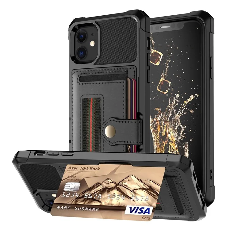 Case de Teléfono de Cuero TPU+PU Con Ranura Para Tarjetas y Correa Elástica de Anillo de Dedos Para Iphone 11 6.1 Pulgadas - Negro