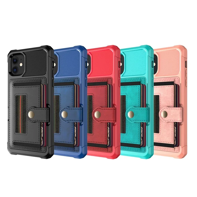 Case de Teléfono de Cuero TPU+PU Con Ranura Para Tarjetas y Correa Elástica de Anillo de Dedos Para Iphone 11 6.1 Pulgadas - Negro