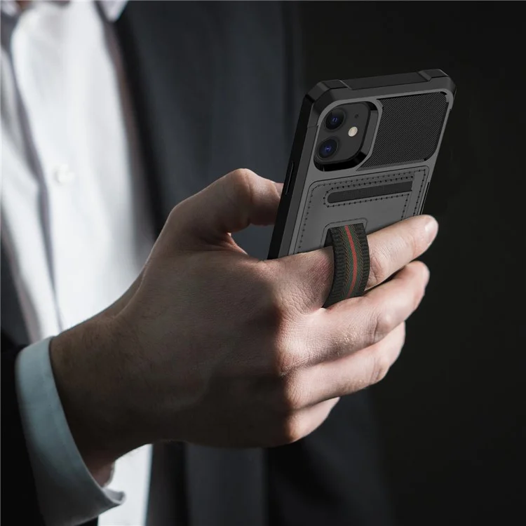 TPU+PU Leder-Handyhülle mit Kartenfach und elastischem Fingerring-Trageriemen für iPhone 11 6.1 Zoll - Schwarz