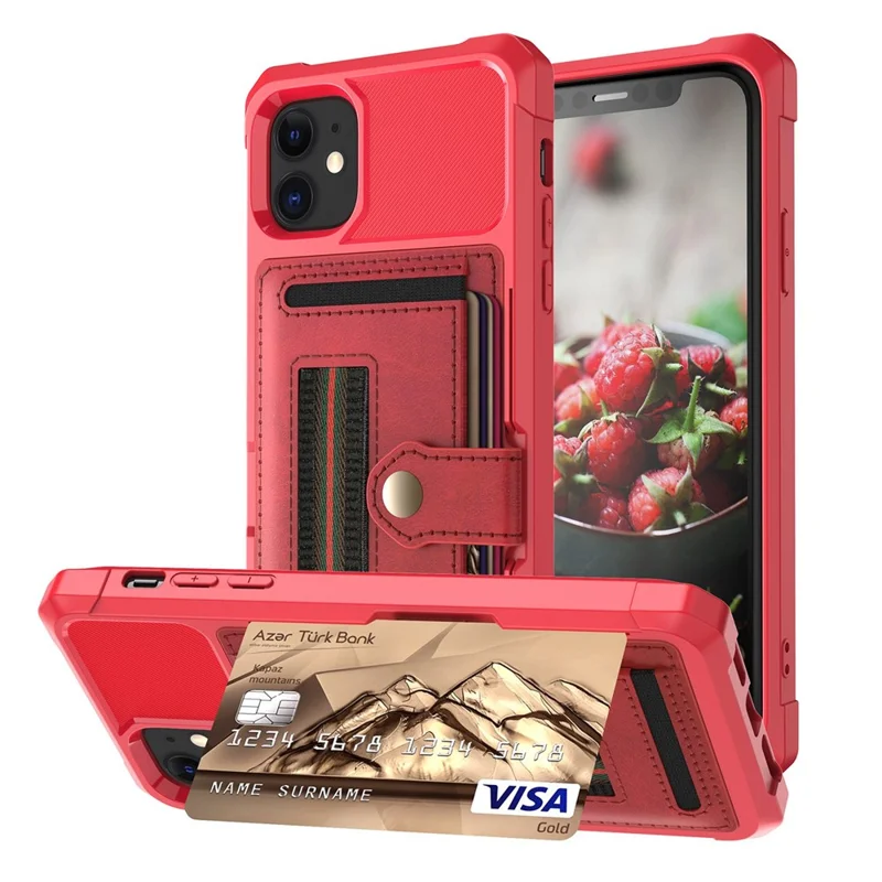 TPU+PU Leather Phone Case with Card Slot and Elastic Finger Ring Strap for iPhone 11 6.1-inch - Red