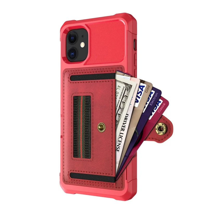 TPU+PU Leather Phone Case with Card Slot and Elastic Finger Ring Strap for iPhone 11 6.1-inch - Red