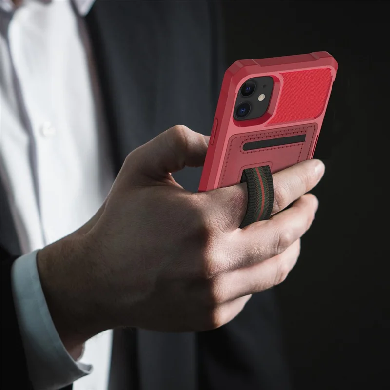 TPU+PU Leather Phone Case with Card Slot and Elastic Finger Ring Strap for iPhone 11 6.1-inch - Red