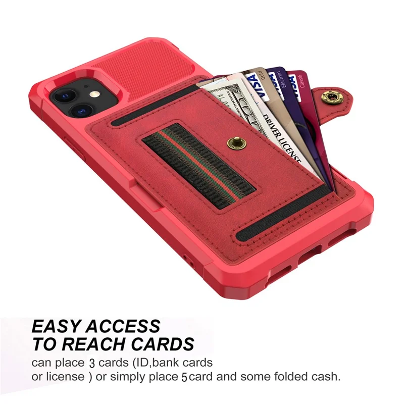 TPU+PU Leather Phone Case with Card Slot and Elastic Finger Ring Strap for iPhone 11 6.1-inch - Red