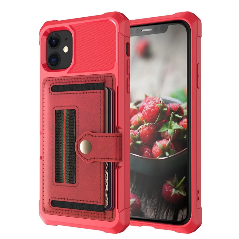 TPU+PU Leather Phone Case with Card Slot and Elastic Finger Ring Strap for iPhone 11 6.1-inch - Red
