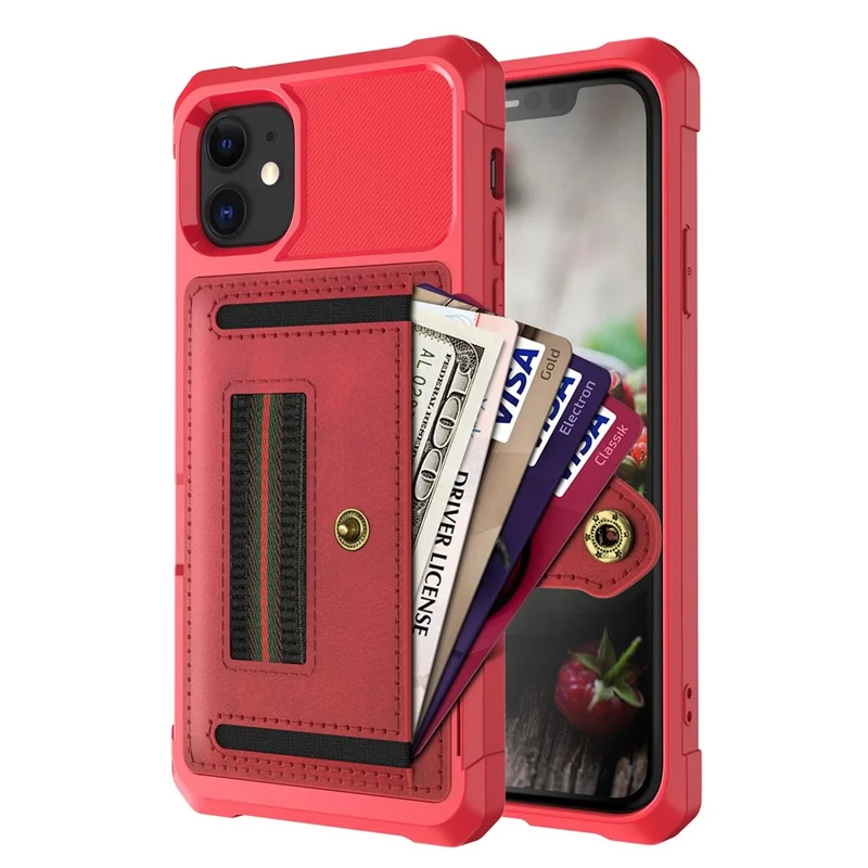 TPU+PU Leather Phone Case with Card Slot and Elastic Finger Ring Strap for iPhone 11 6.1-inch - Red