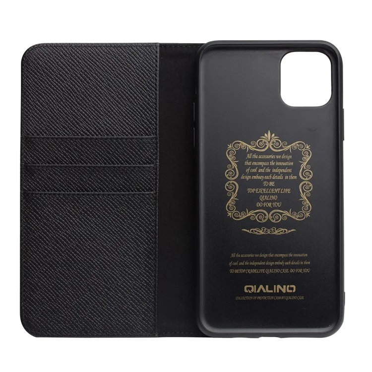 QIALINO para Apple iPhone 11 Pro 5.8 polegadas Capa de Carteira de Couro Genuíno de Textura Cruzada Destacável 2 em 1 - Preto