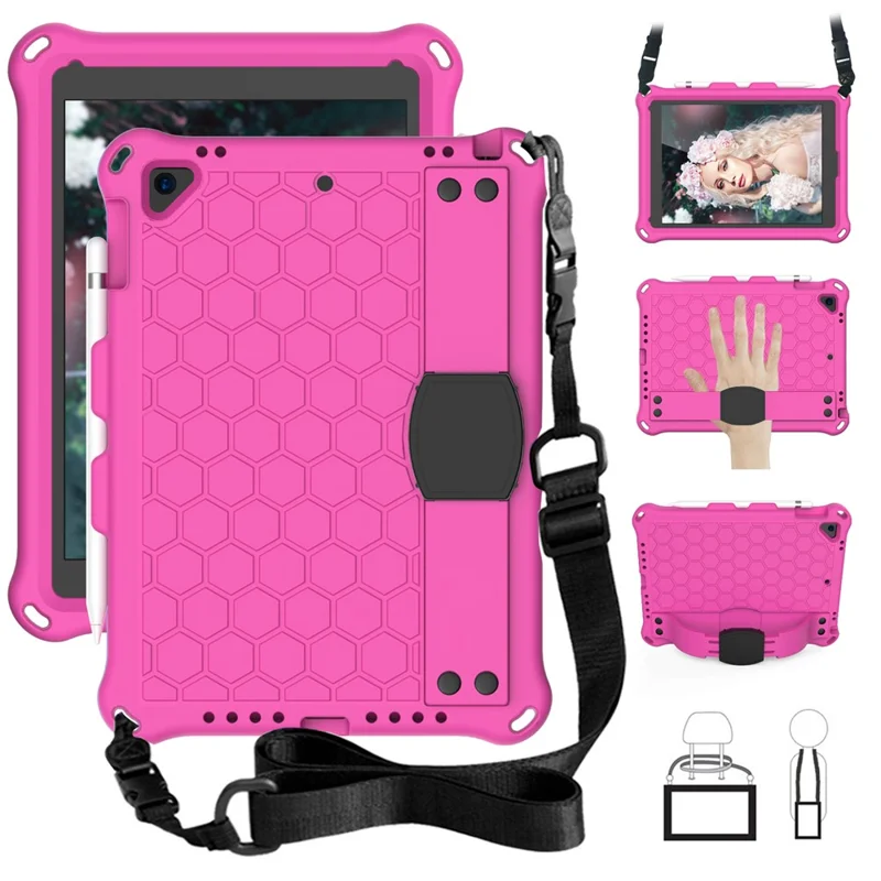 Shockproof Honeycomb Texture Anti-scratch EVA Tablet Cover with Shoulder Strap for Apple iPad 9.7-inch (2018)/(2017) / Air 2 / Air (2013) - Rose/Black