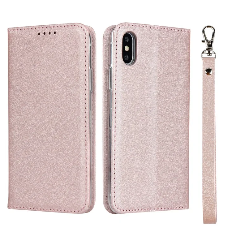 Carteira de Textura de Seda Capa de Couro Celular Para Iphone xs Max 6,5 Polegadas - Rosa Ouro