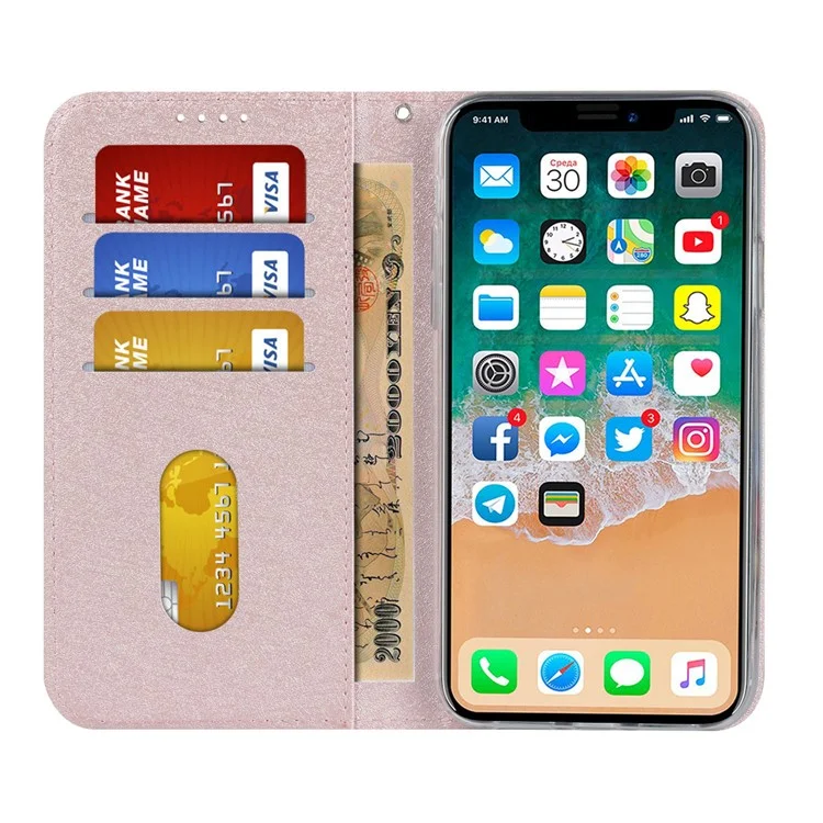 Carteira de Textura de Seda Capa de Couro Celular Para Iphone xs Max 6,5 Polegadas - Rosa Ouro