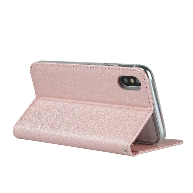 Carteira de Textura de Seda Capa de Couro Celular Para Iphone xs Max 6,5 Polegadas - Rosa Ouro