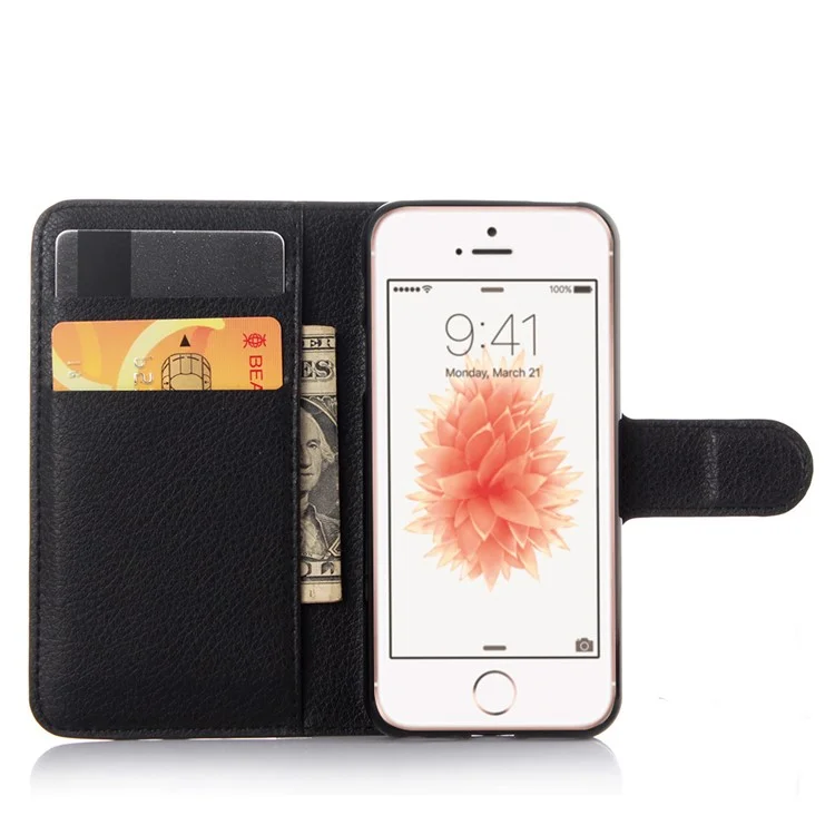 Litchi Skin Leather Wallet Case for iPhone SE/5S/5 - Black