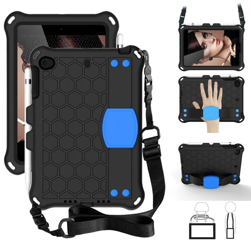 Honeycomb Texture EVA Tablet Hybrid Case with Shoulder Strap for Apple iPad Mini (2019) 7.9 inch/Mini 4/Mini 3/Mini 2/iPad Mini - Black/Blue