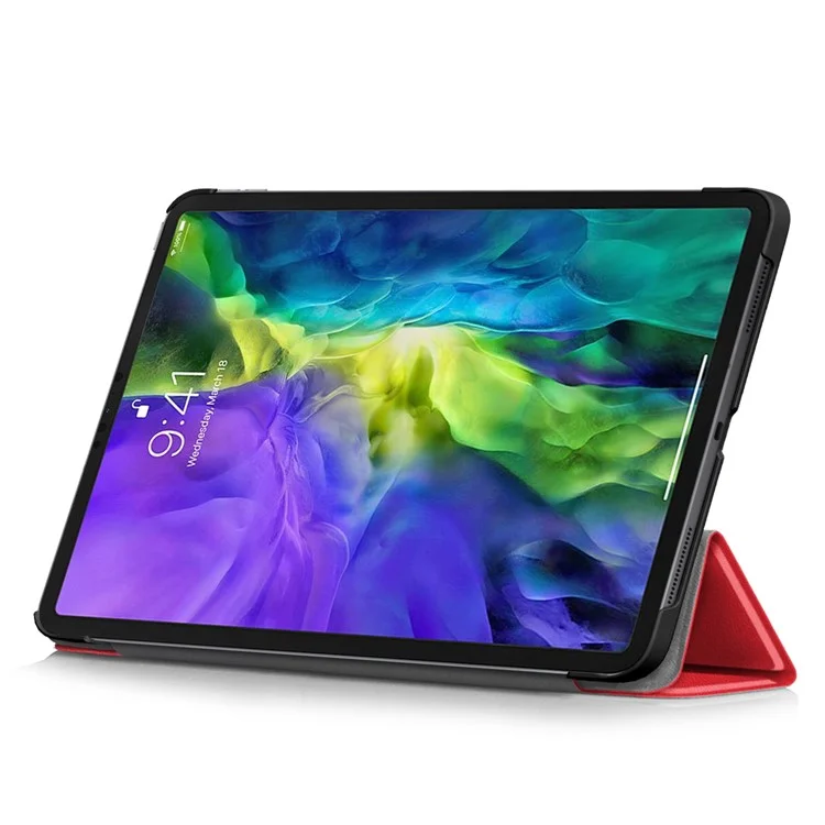 Litch Skin PU Caixo Tri-folto de Couro Tri-folho Para Ipad Pro 11 Polegadas (2020) /(2018) - Vermelho