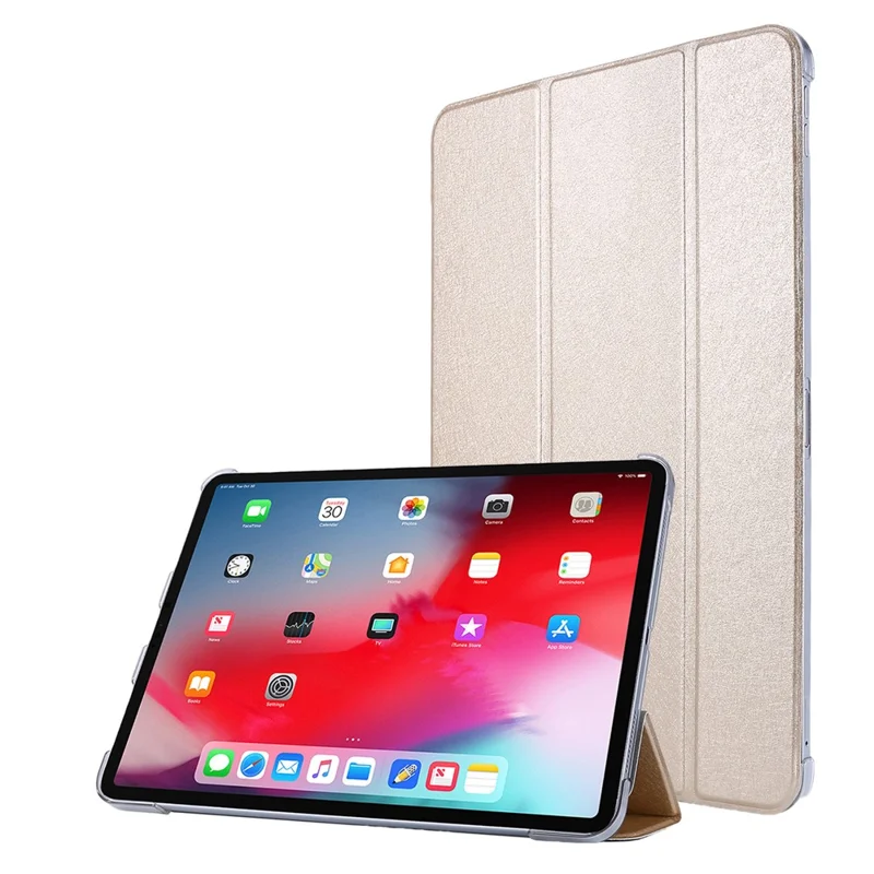 Silk Texture Tri-Fold Stand PU Leather Flip Tablet Shell for iPad Air 13 (2026) / (2025) / (2024) / Pro 12.9 (2022) / (2021) / (2020) / (2018) - Gold