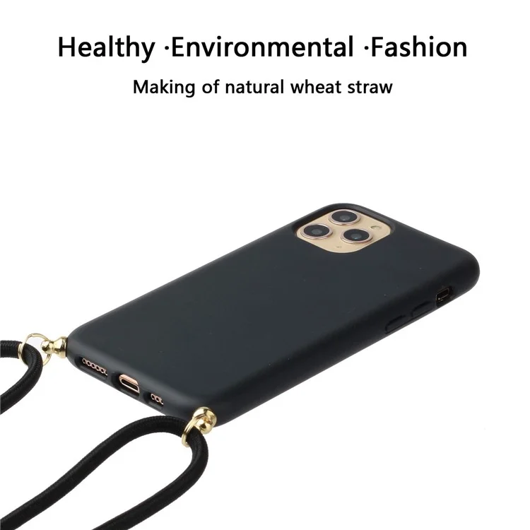 For iPhone 11 Pro 5.8 inch Eco-Friendly Natural Wheat Straw + TPU Soft Phone Cover with Multi-function Strap - Black