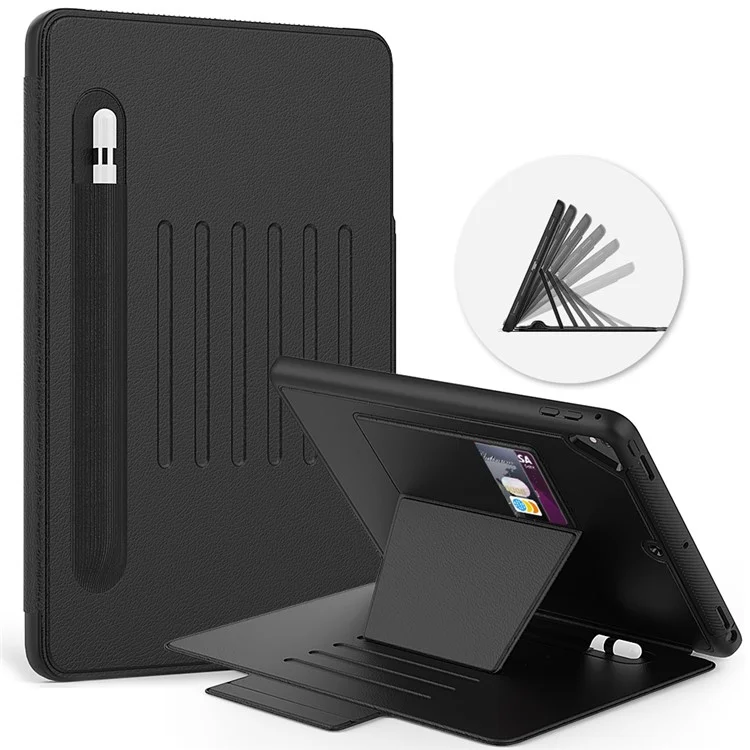 For iPad 9.7-inch (2018)/(2017) Magnetic Stand Card Holder PU Leather Tablet Case with Stylus Slot - Black