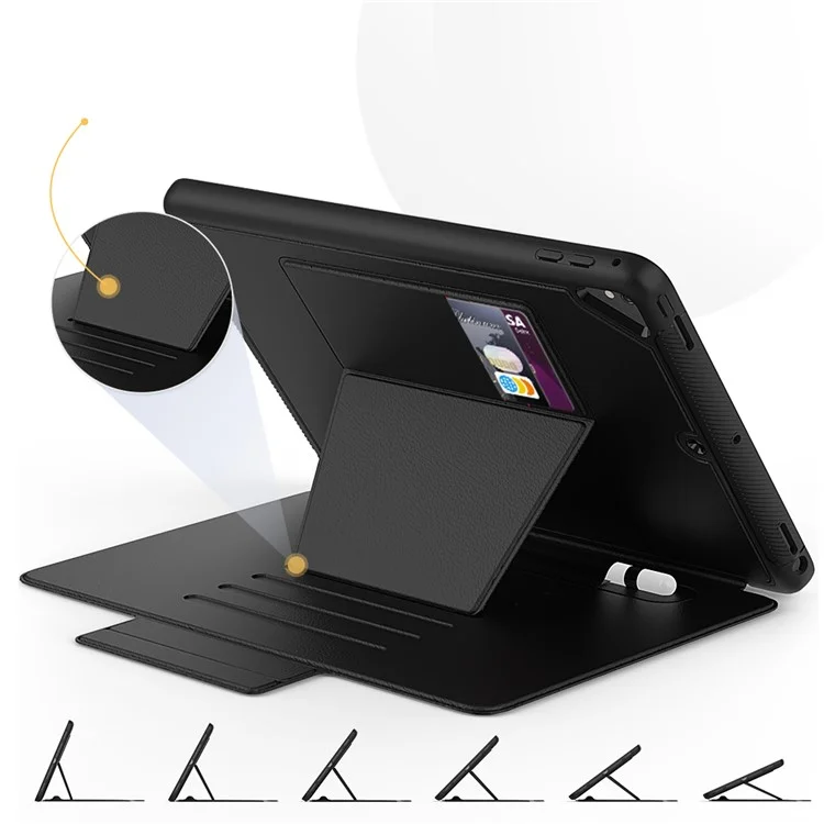 For iPad 9.7-inch (2018)/(2017) Magnetic Stand Card Holder PU Leather Tablet Case with Stylus Slot - Black