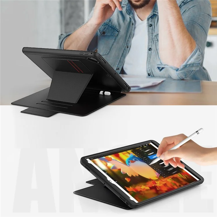For iPad 9.7-inch (2018)/(2017) Magnetic Stand Card Holder PU Leather Tablet Case with Stylus Slot - Black
