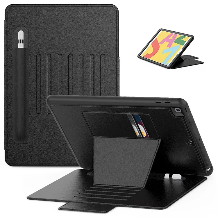 Para iPad 10.2 (2020)/(2019) Suporte Multiângulo Porta-cartão de Couro Capa de Tablet com Fecho Magnético e Slot para Stylus - Preto